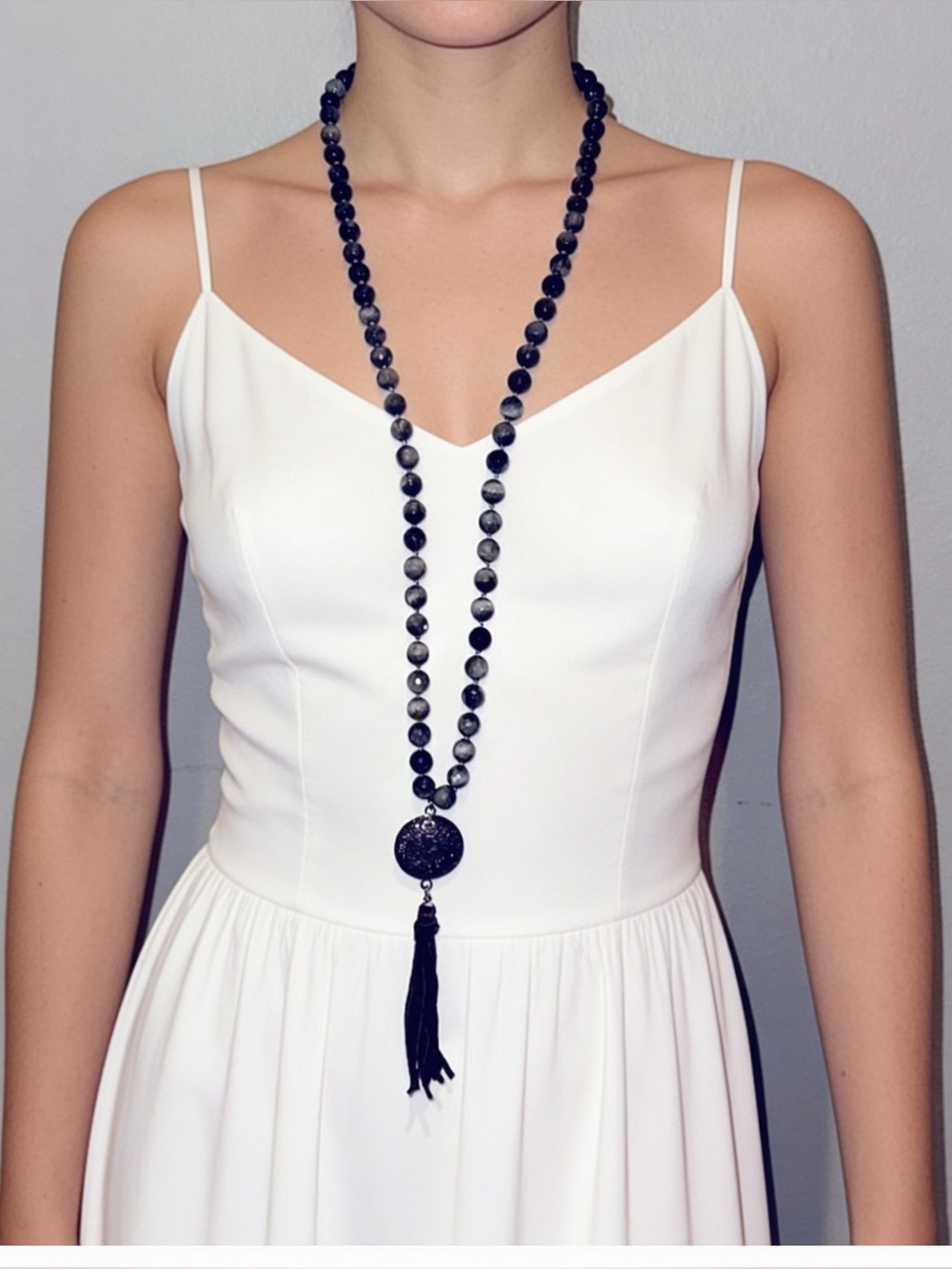 A Marie Jewelry AMG long beaded boho hippie yoga necklace w brown leather tassel